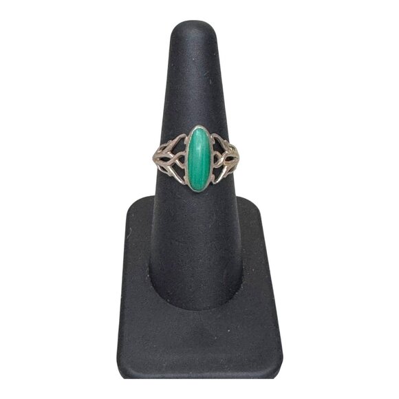 Vintage Malachite Oval Interlocking Hearts Sterling Silver Ring Abstract Sz 6.5 - Picture 7 of 9